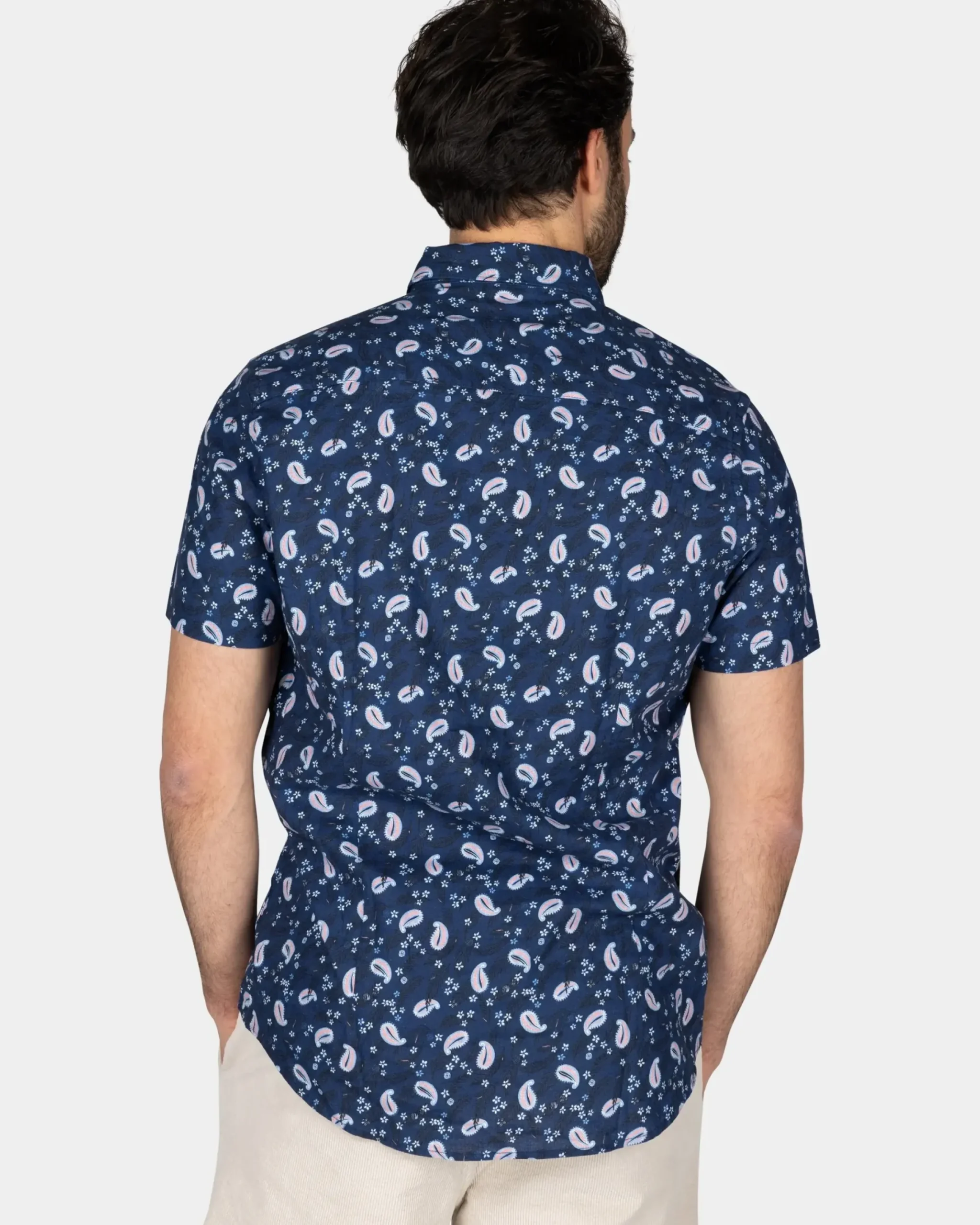 Donkerblauw overhemd met print en korte mouw