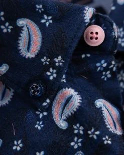 Donkerblauw overhemd met print en korte mouw