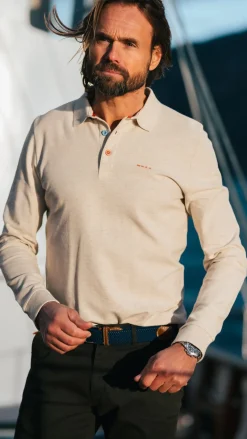 Ecru katoenen polo met lange mouw - Powder Sand