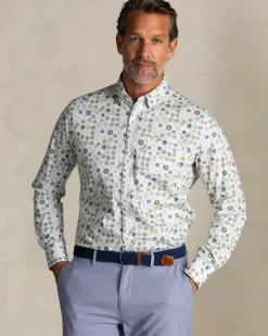 Ecru katoenen stretch overhemd met bloemenprint