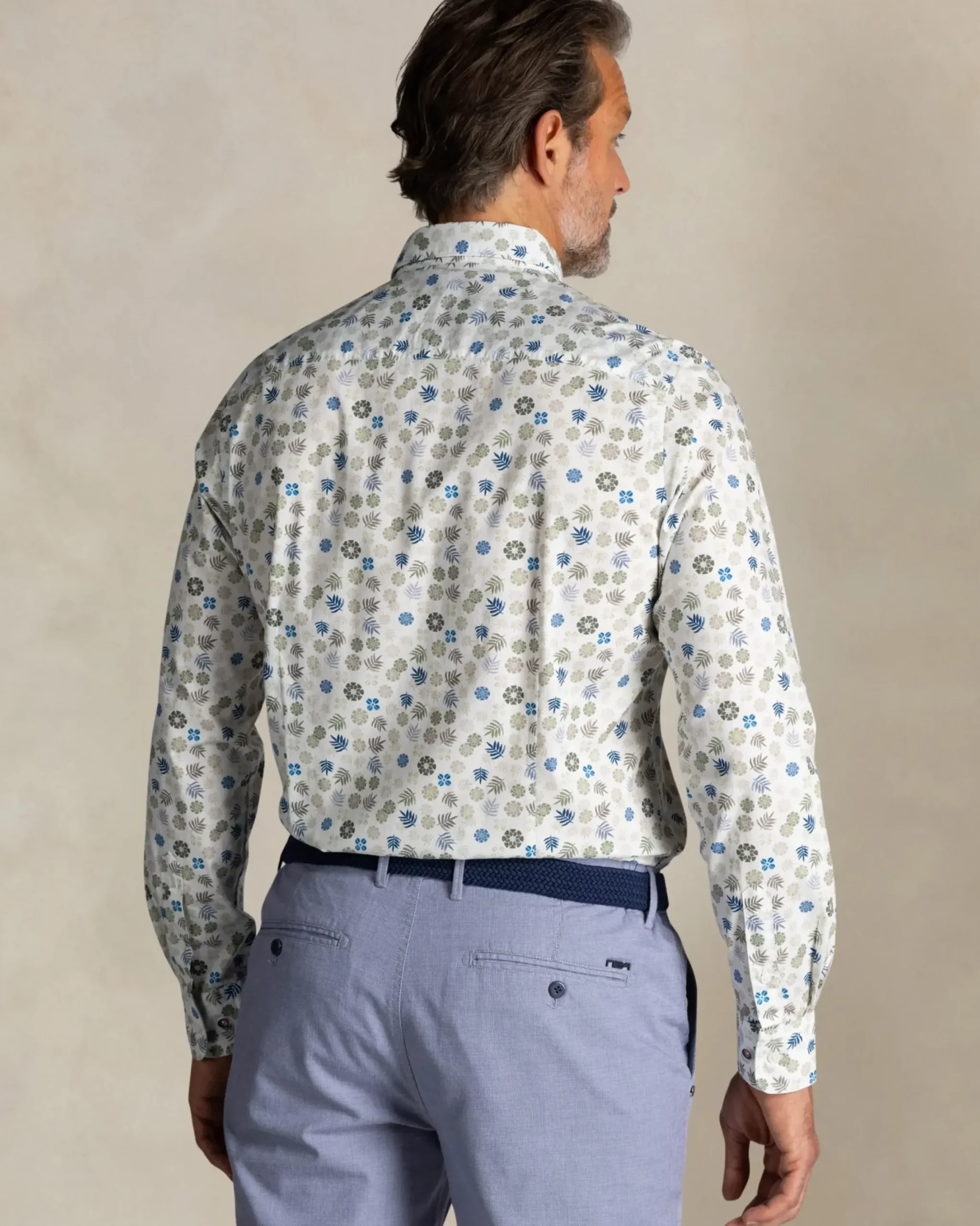 Ecru katoenen stretch overhemd met bloemenprint