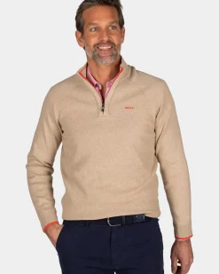 Effen beige katoenen trui met halve rits