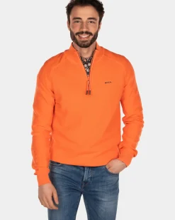 Effen katoenen trui met halve rits - Burned Orange