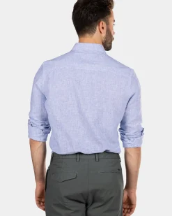 Effen linnen overhemd met lange mouw - Dusk Navy