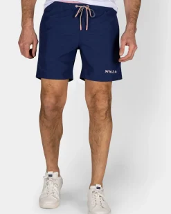 Effen navy zwembroek met roze details