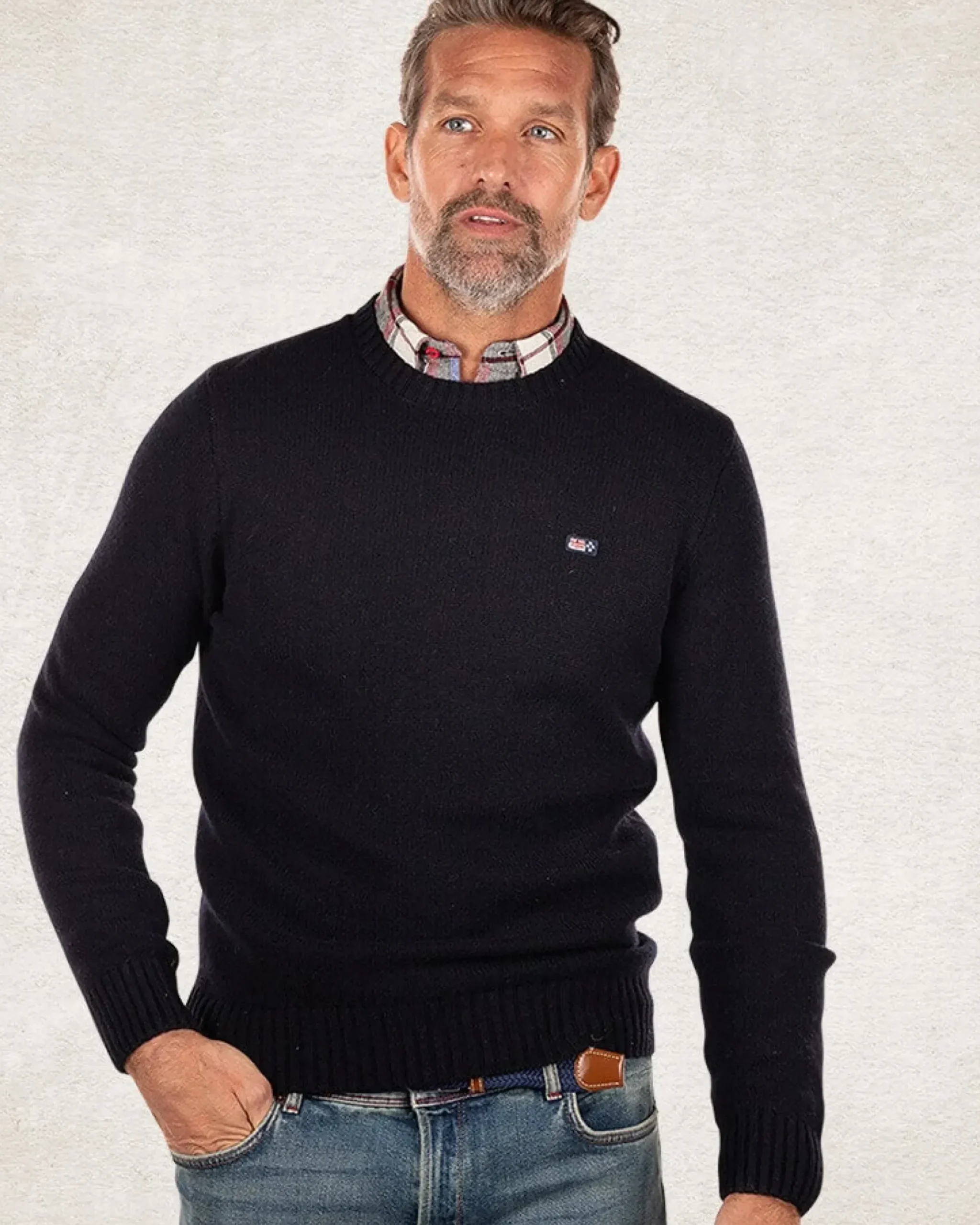 Effen trui met ronde hals van wol - Pitch navy