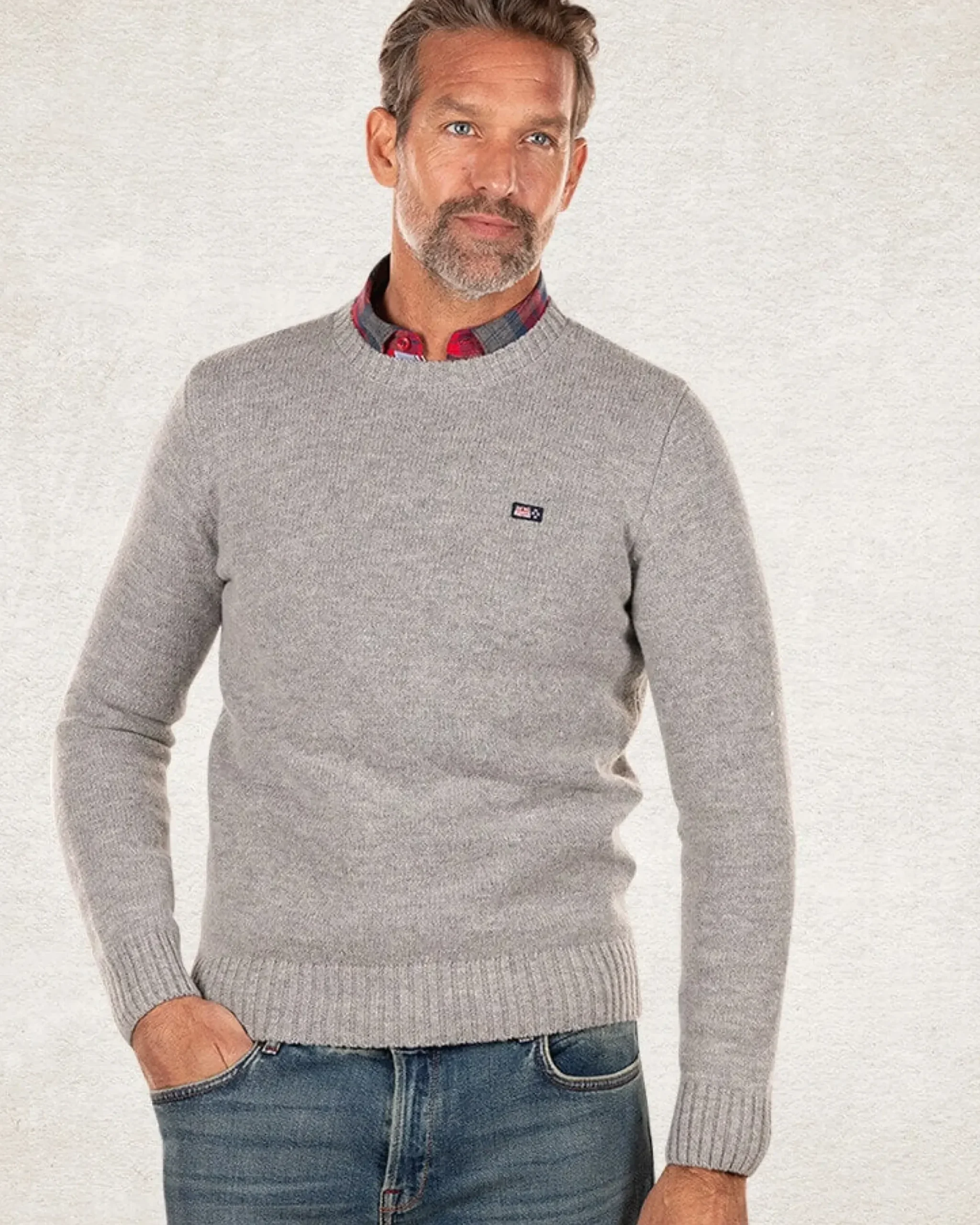 Effen trui met ronde hals van wol - Grey Melange