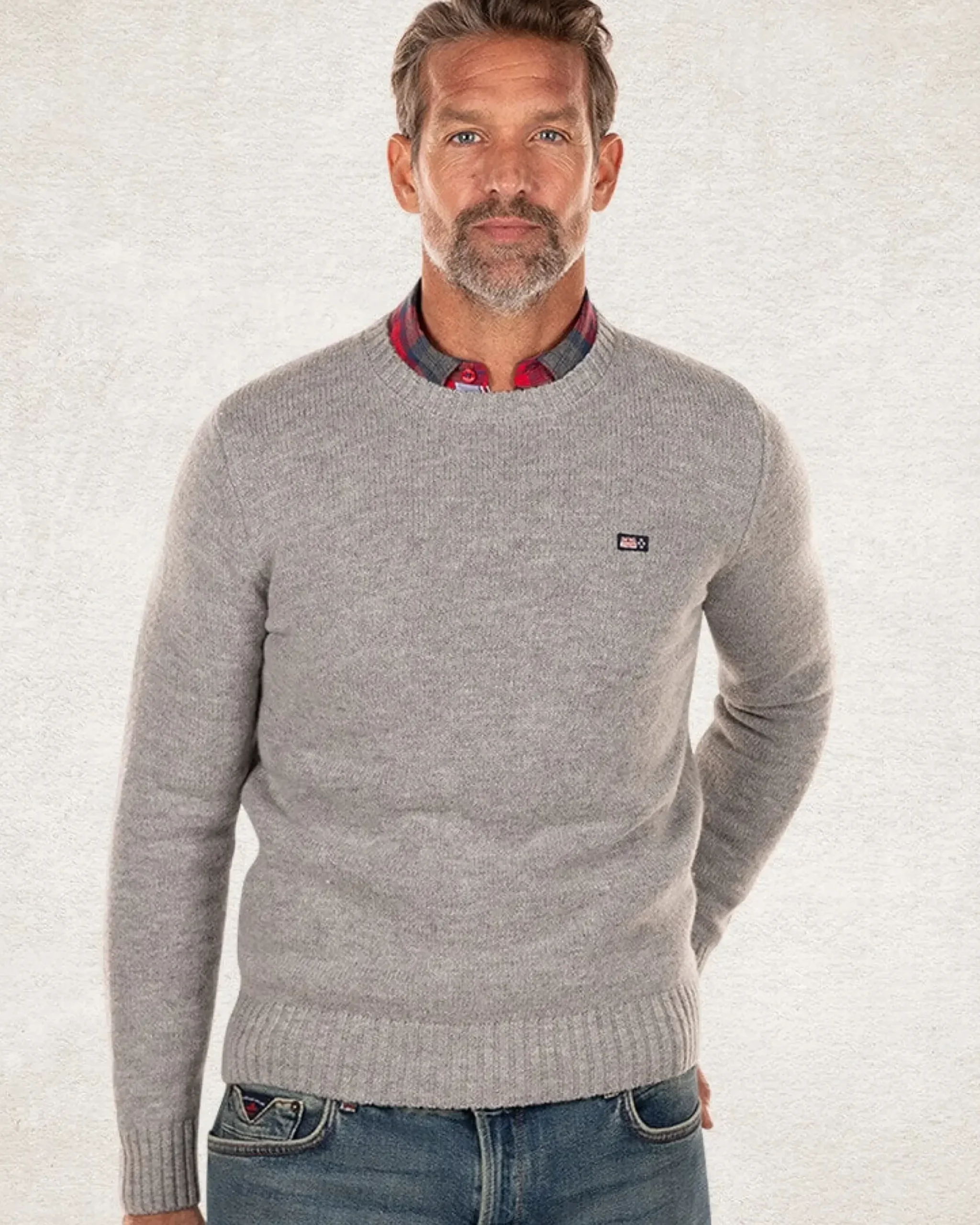 Effen trui met ronde hals van wol - Grey Melange
