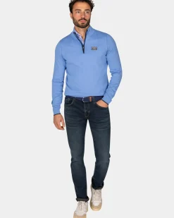 Fijngebreide blauwe trui met halve rits - Frozen Blue