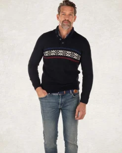 Gebreide trui met halve knoopssluiting - Pitch Navy