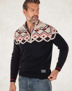 Gebreide trui met halve rits en accentkleuren - Pitch Navy