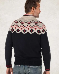 Gebreide trui met halve rits en accentkleuren - Pitch Navy