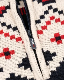 Gebreide trui met halve rits en accentkleuren - Milky Ecru