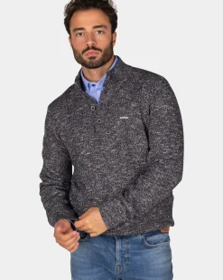 Gemêleerde donkerblauwe trui met knopen kraag - Winter Navy
