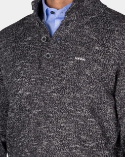 Gemêleerde donkerblauwe trui met knopen kraag - Winter Navy
