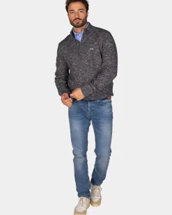 Gemêleerde donkerblauwe trui met knopen kraag - Winter Navy
