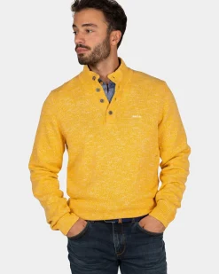 Gemêleerde okergele trui met knopen kraag - Warm Ocre