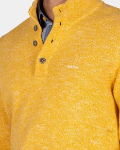 Gemêleerde okergele trui met knopen kraag - Warm Ocre
