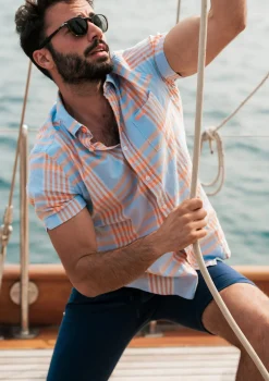 Geruit blauw met oranje overhemd - Light Sky