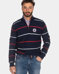 Gestreepte trui met halve ritssluiting blauw rood wit - Industrial Navy
