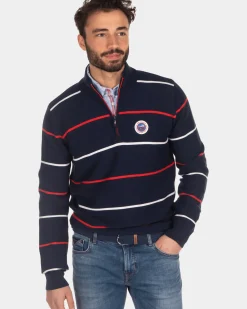 Gestreepte trui met halve ritssluiting blauw rood wit - Industrial Navy