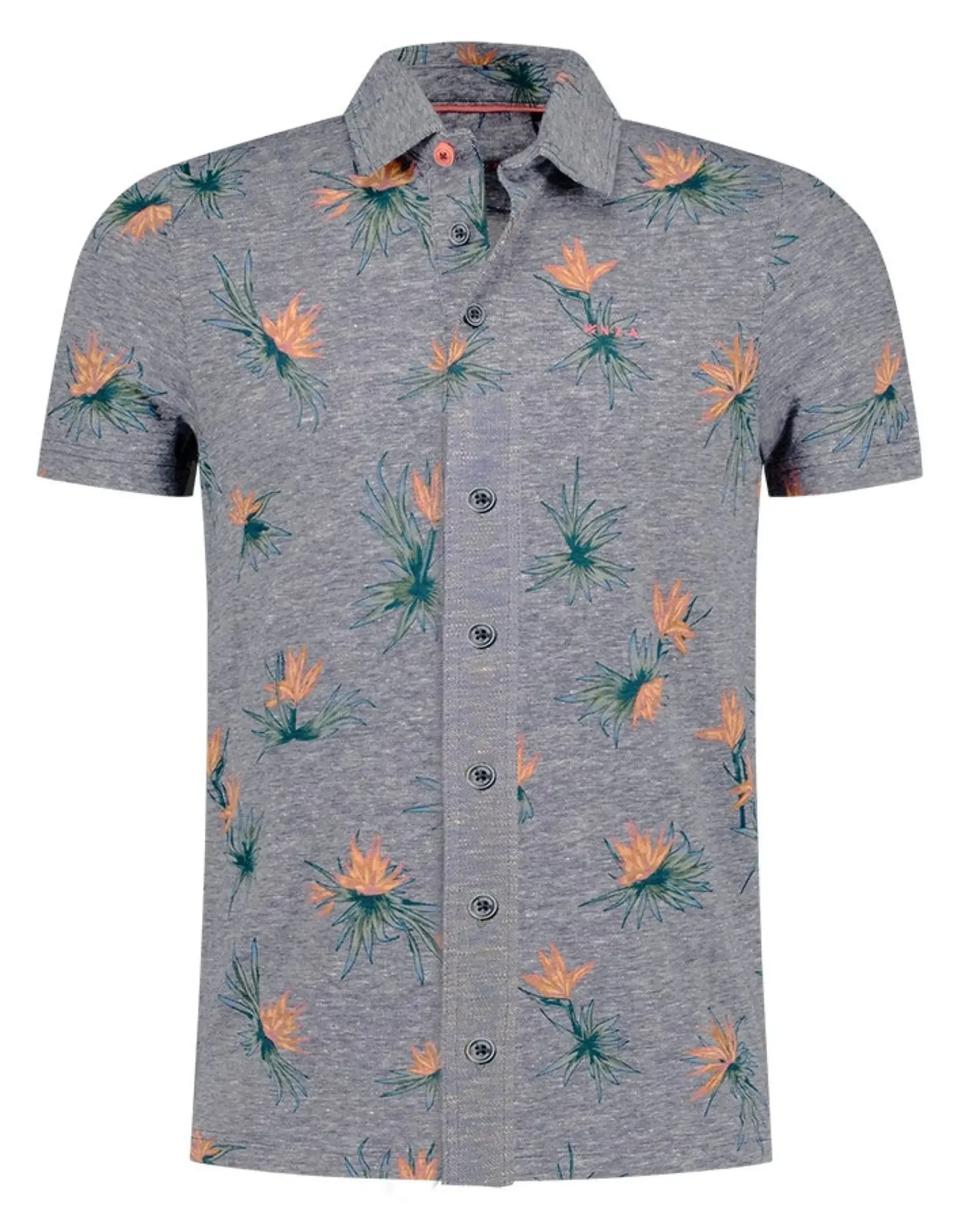 Grijs overhemd met korte mouw en roze bloemenprint