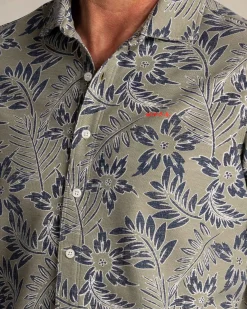 Groen overhemd met blauw witte bladprint