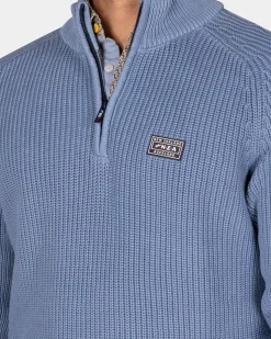 Grofgebreide blauwe trui met halve rits - Mineral Blue