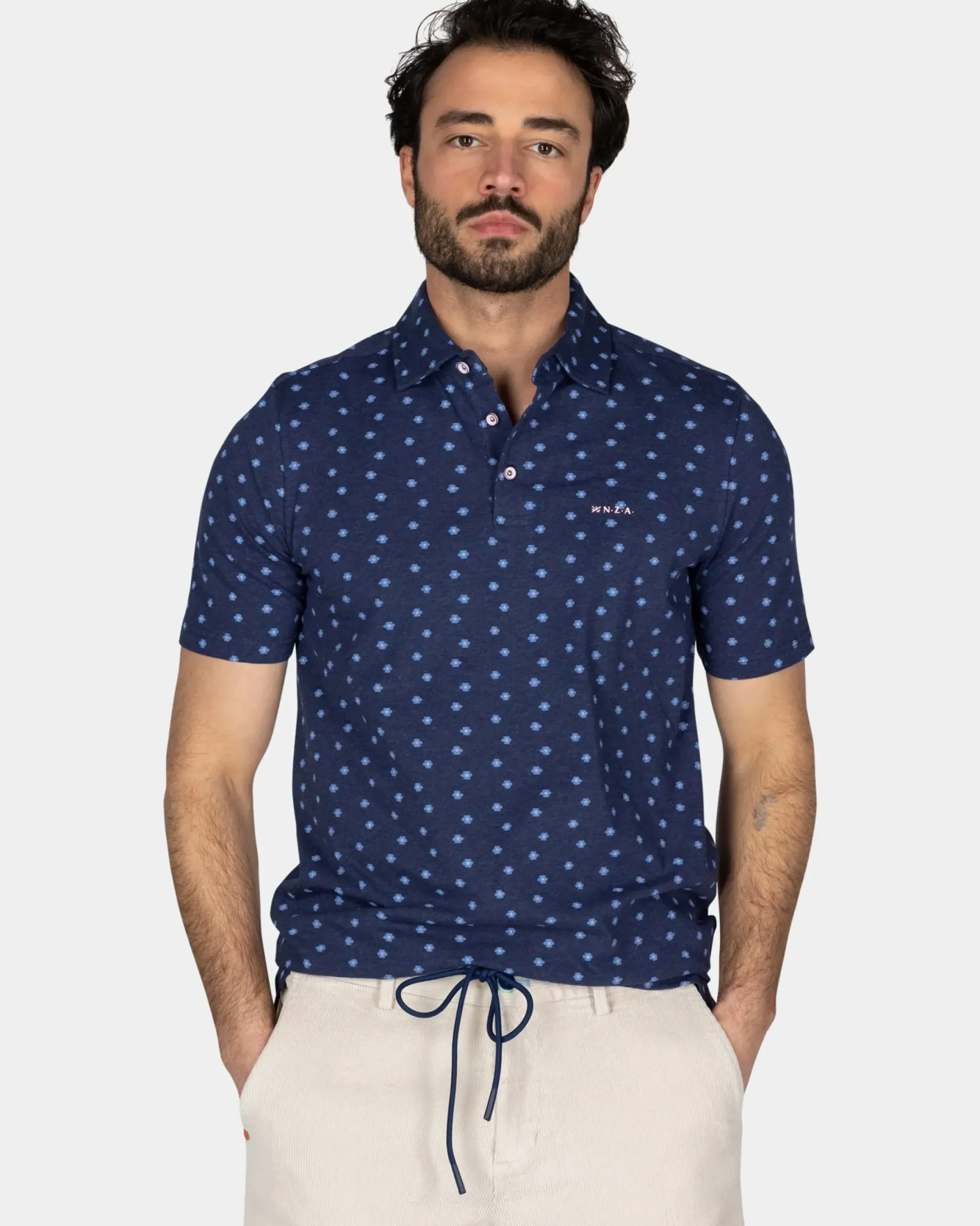 Katoenen blauwe polo met kleine stippen