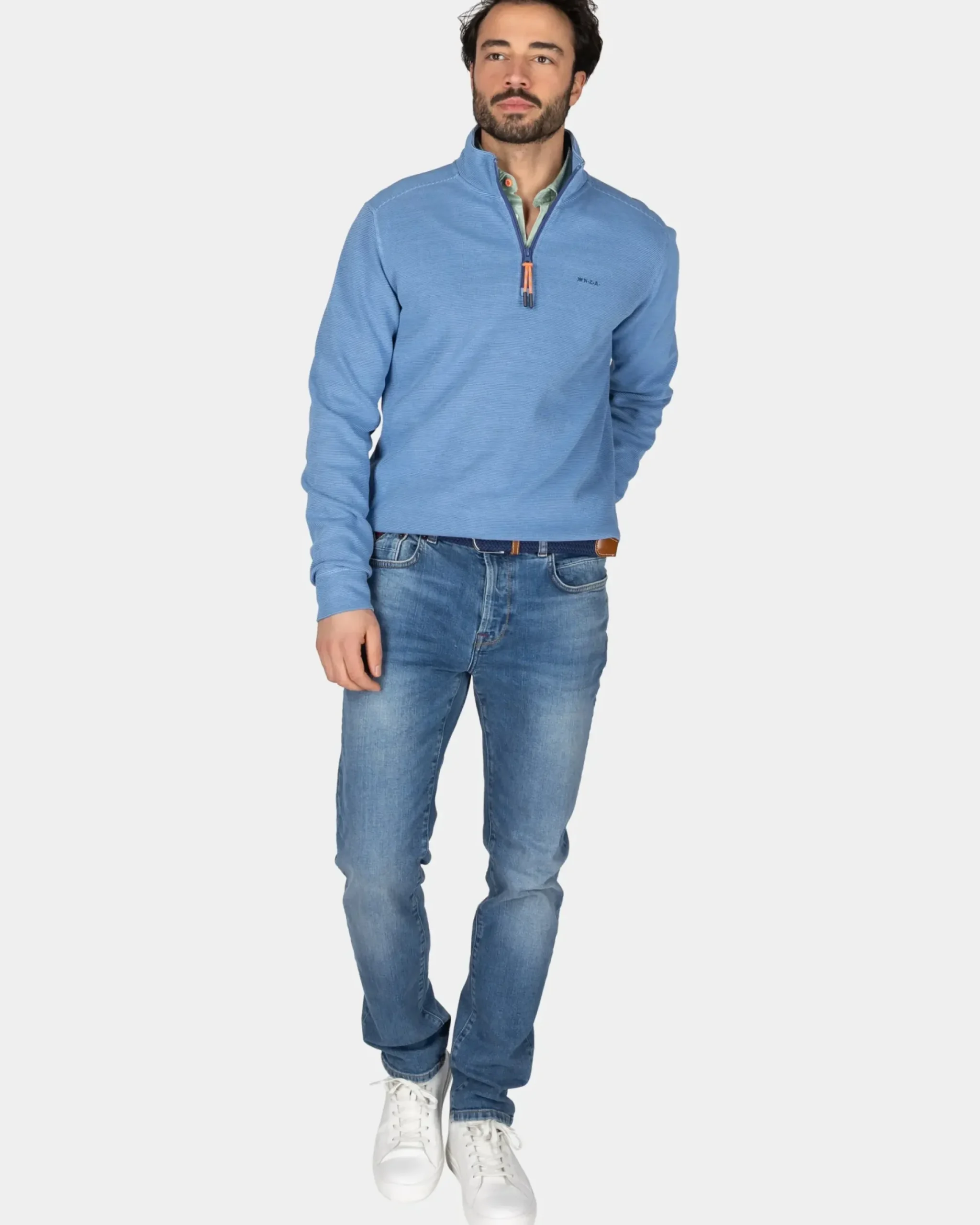 Katoenen blauw pullover met halve rits