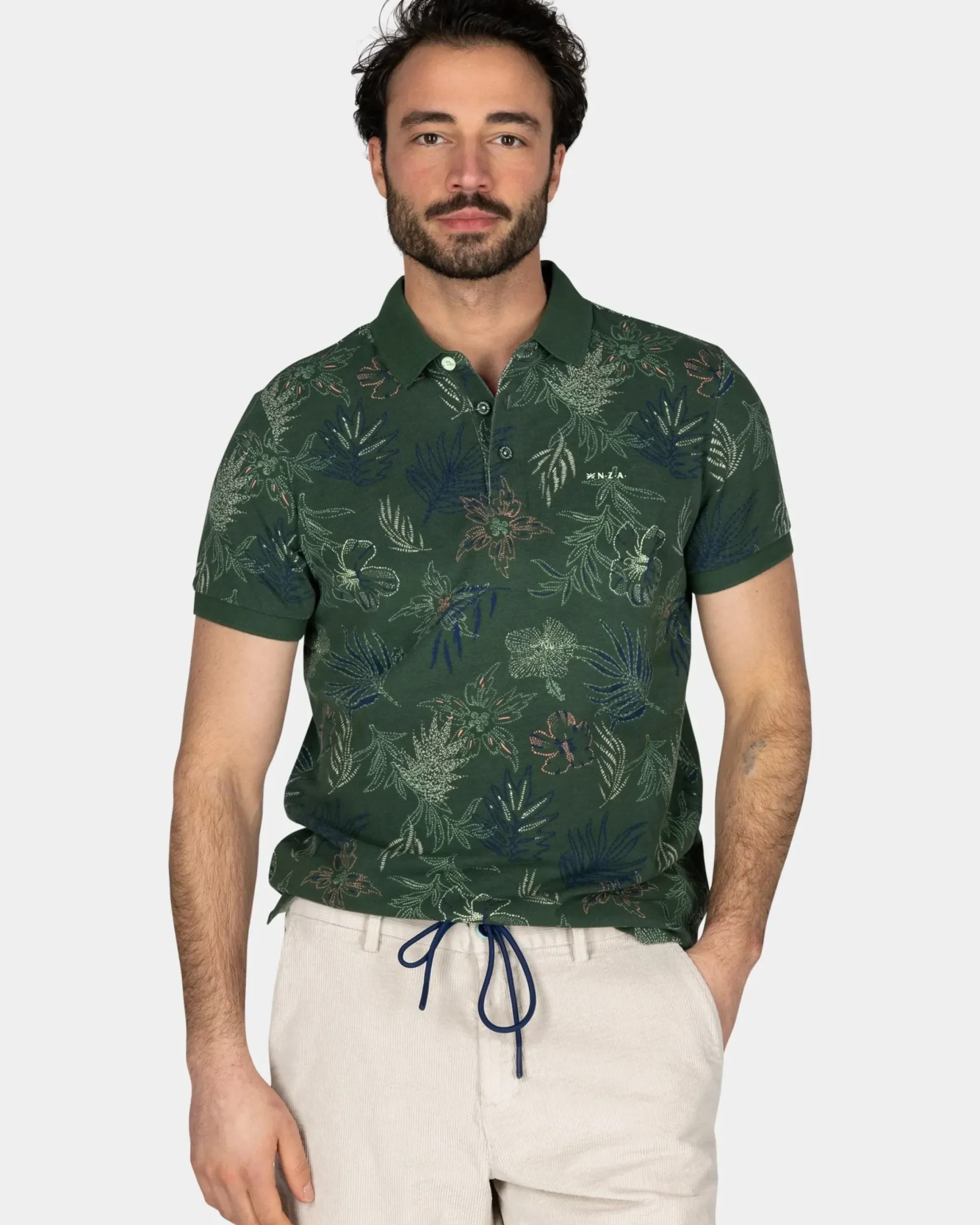 Katoenen groene polo met bladprint