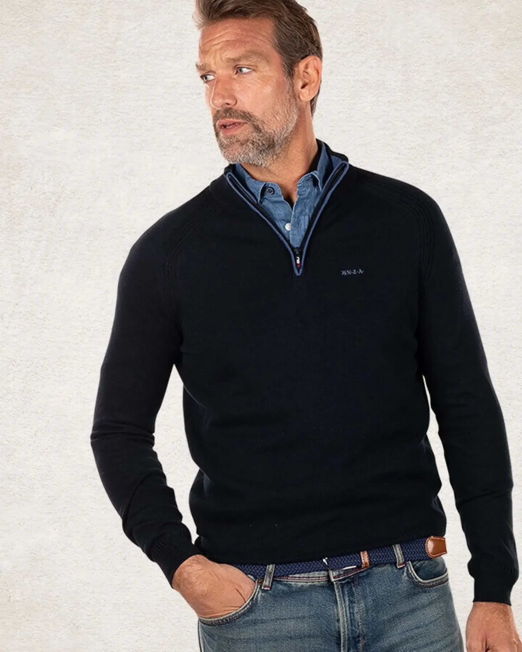 Katoen kasjmier trui met halve rits - Charcoal Navy