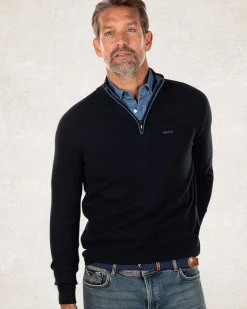 Katoen kasjmier trui met halve rits - Charcoal Navy
