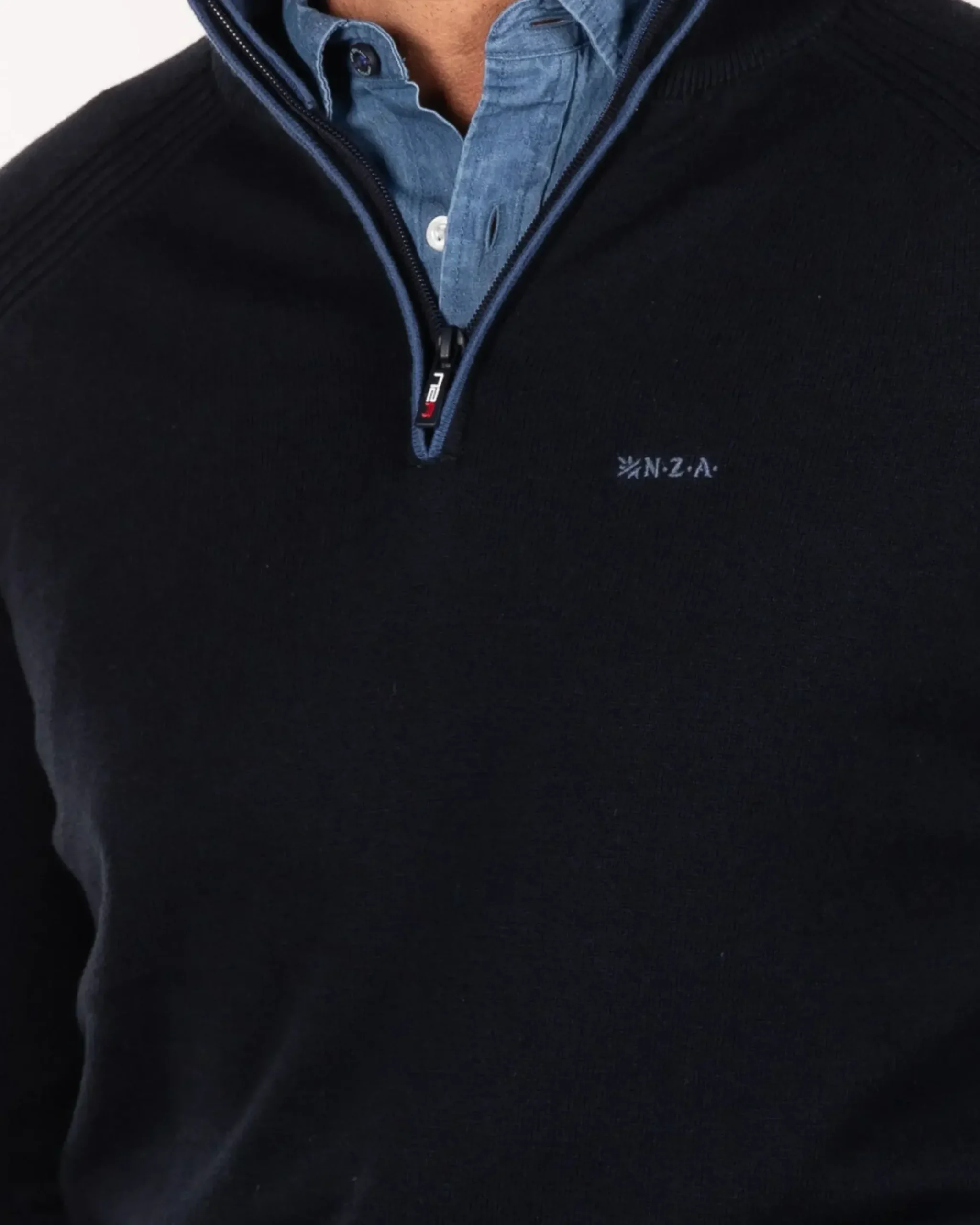 Katoen kasjmier trui met halve rits - Charcoal Navy