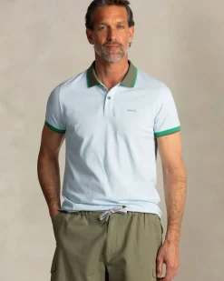 Lichtblauwe katoenen polo met groene kraag