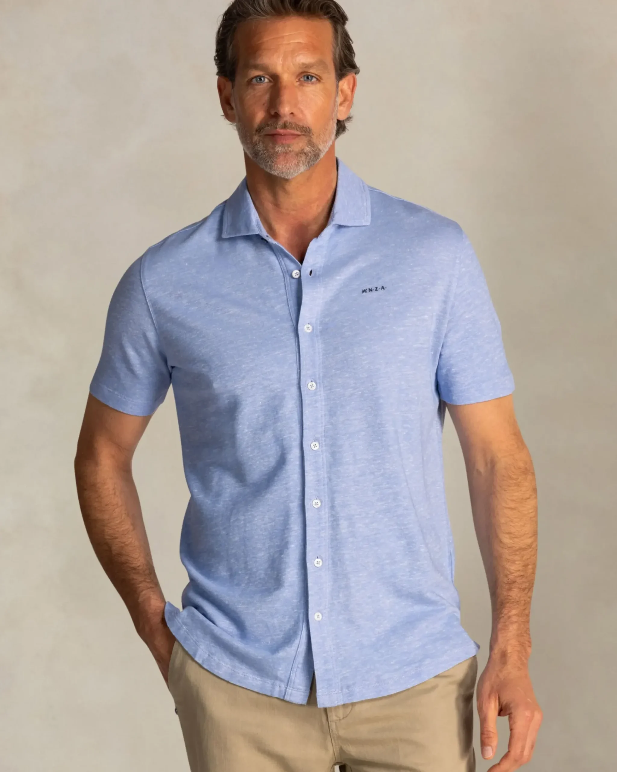 Linnen blauw overhemd met korte mouw