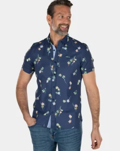 Linnen katoenen overhemd korte mouw met bloemenprint - Key Navy