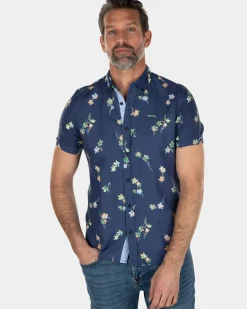 Linnen katoenen overhemd korte mouw met bloemenprint - Key Navy