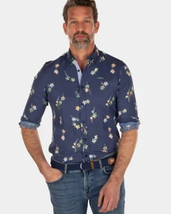 Linnen katoenen overhemd met bloemenprint - Key Navy
