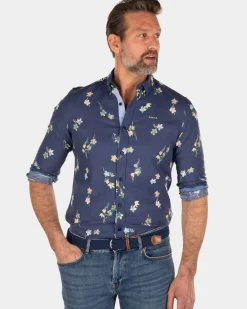 Linnen katoenen overhemd met bloemenprint - Key Navy