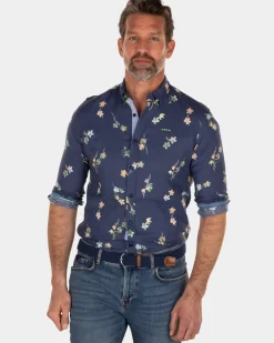 Linnen katoenen overhemd met bloemenprint - Key Navy