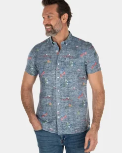 Linnen katoenen overhemd met korte mouwen en bloemenprint - Key Navy