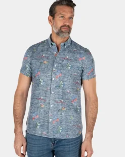 Linnen katoenen overhemd met korte mouwen en bloemenprint - Key Navy