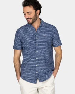 Navy overhemd met kleine roze print