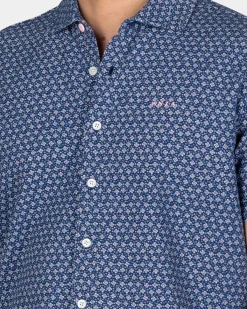 Navy overhemd met kleine roze print