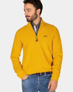 Okergele katoenen sweater met halve rits - Warm Ocre