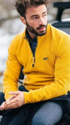 Okergele katoenen sweater met halve rits - Warm Ocre