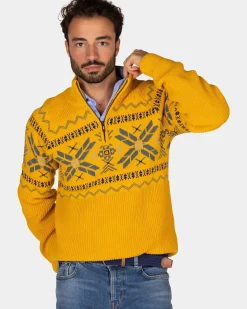 Okergele pullover met halve rits en gekleurd motief - Warm Ocre