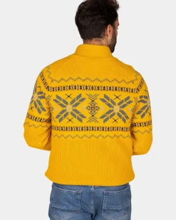 Okergele pullover met halve rits en gekleurd motief - Warm Ocre