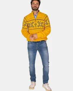 Okergele pullover met halve rits en gekleurd motief - Warm Ocre